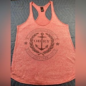OBEY Tank Top Womens Medium Racer Back Red Heather with Anchor